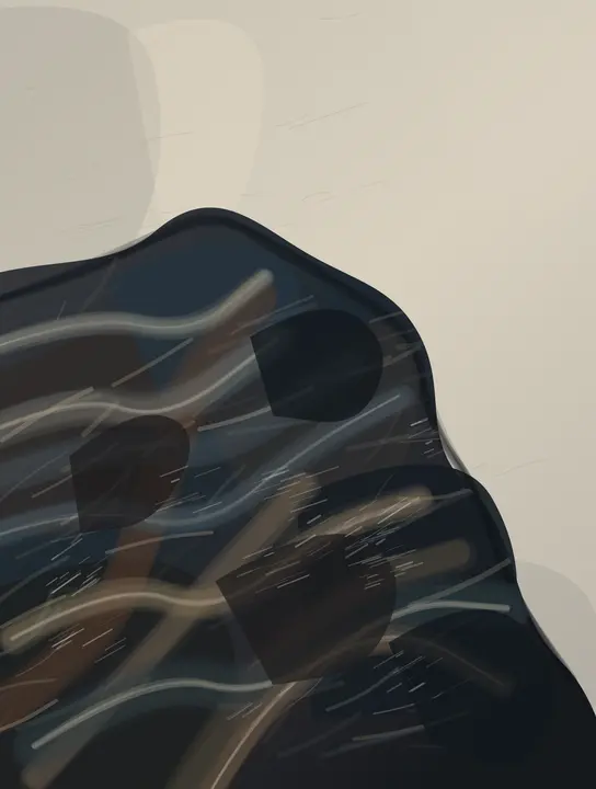 The Weight of What Was Not Sent: cumulative painting state 3 of 5; A convincing weighted mound and rust seam press into pale space, though soft ovals and the detached upper-right stroke weaken causality.
