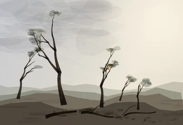 The strongest representational outlier: wind, bent trunks, sparse fruit, ground, and a fallen limb form a specific causal weather history.