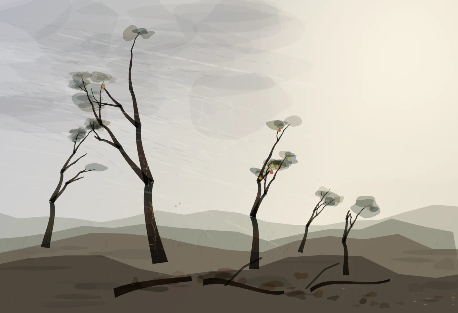 The strongest representational outlier: wind, bent trunks, sparse fruit, ground, and a fallen limb form a specific causal weather history.