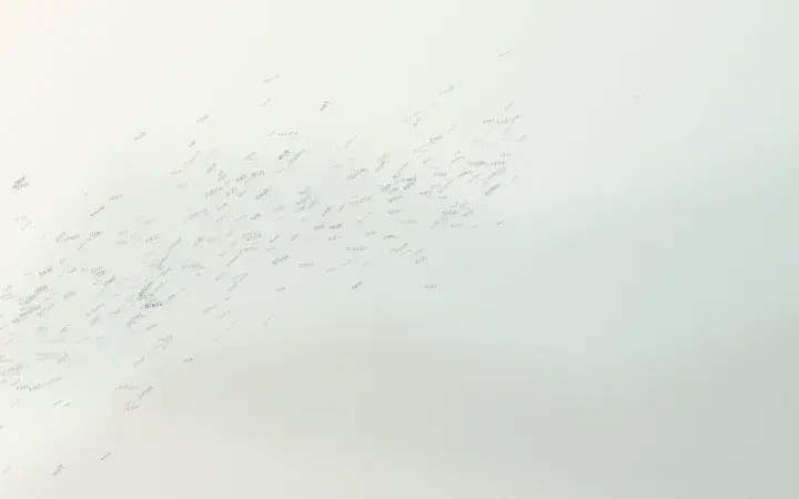 Weather Gathers, Then Clears: cumulative painting state 1 of 3; A diagonal front of tiny weather words gathers from the lower-left, thickens through overlapping pressure, and thins into a protected upper-right interval.