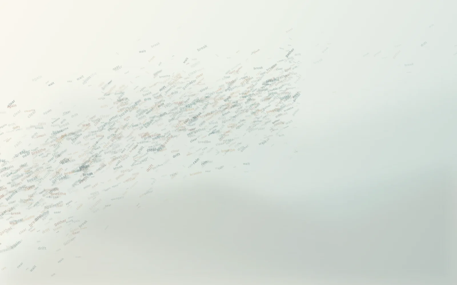 A diagonal front of tiny weather words gathers from the lower-left, thickens through overlapping pressure, and thins into a protected upper-right interval.