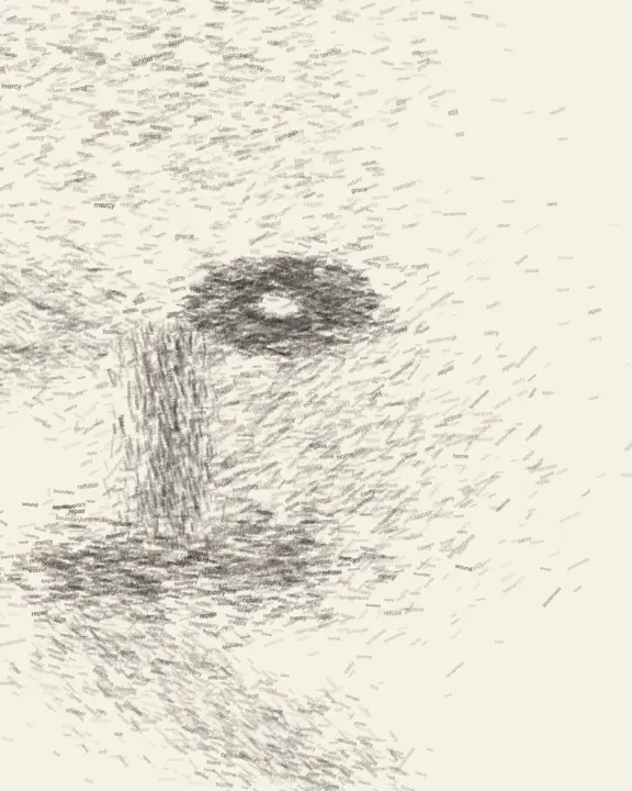 What Mercy Refuses to Abandon: cumulative painting state 2 of 3; A severely frame-cut face is constituted by hundreds of small words about mercy, refusal, repair, shelter, and return; lexical pressure opens into warm paper rather than an enclosing portrait mask.