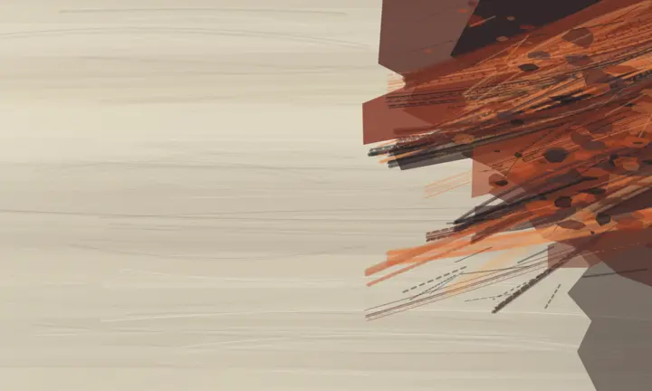 What the Ash Could Not Enter: cumulative painting state 2 of 5; Best edge-loaded negative space: the rust wall sheds debris and pressure into a vast quiet field, with a tiny distant interruption fixing scale.