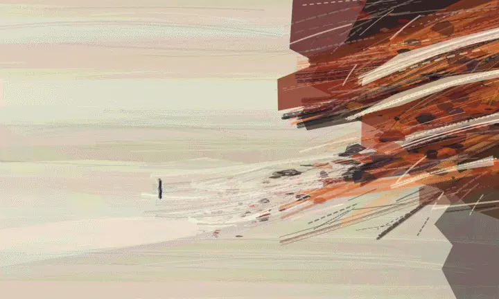 What the Ash Could Not Enter: cumulative painting state 5 of 5; Best edge-loaded negative space: the rust wall sheds debris and pressure into a vast quiet field, with a tiny distant interruption fixing scale.