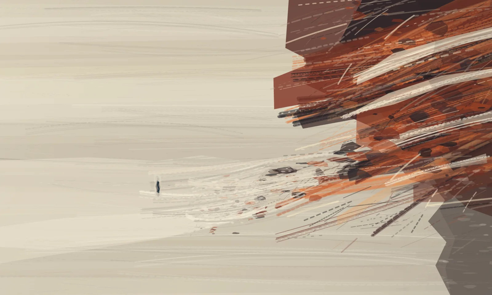 Best edge-loaded negative space: the rust wall sheds debris and pressure into a vast quiet field, with a tiny distant interruption fixing scale.