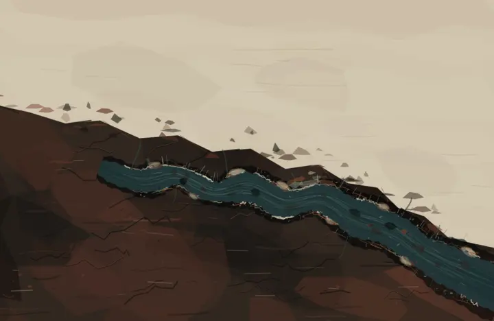 What the Cinder Learned: cumulative painting state 4 of 4; Restrained geological incision with slow rhythm; sober enough to hold, yet too literal and horizontally explanatory for the shortlist.