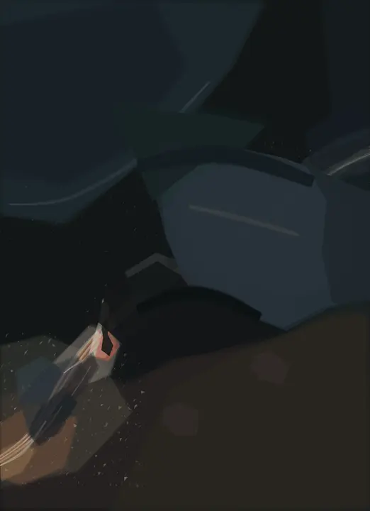 What the Dark Could Not Repeat: cumulative painting state 6 of 8; The near-black field swallows its tiny lower incident; severity becomes under-articulation rather than tension.