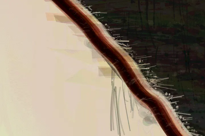 What the Fire Could Not Inherit: cumulative painting state 3 of 4; Monumental diagonal scar and real value stability; native inspection demotes it because repeated sticks, dots, and curls become procedural garnish.