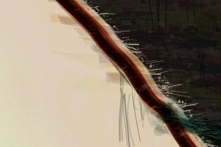 What the Fire Could Not Inherit: cumulative painting state 4 of 4; Monumental diagonal scar and real value stability; native inspection demotes it because repeated sticks, dots, and curls become procedural garnish.