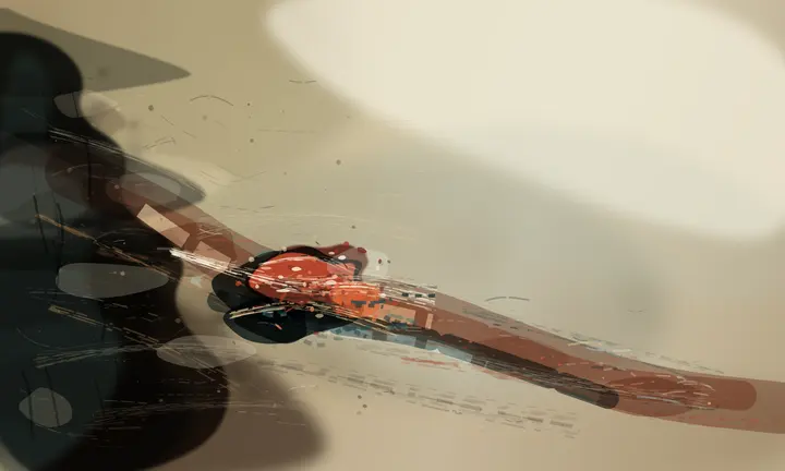 Where the Charred Water Turns: cumulative painting state 5 of 5; A compressed hot nucleus drags a dirty wake from black mass into luminous space; physical ambiguity survives despite digital micro-bars.