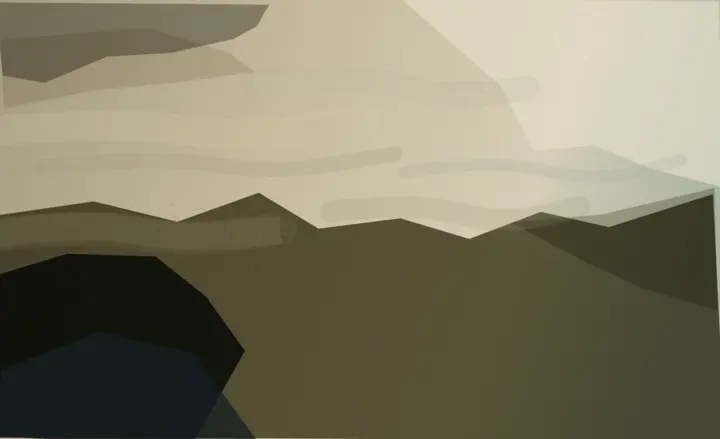 Where the Dredge Turned Back: cumulative painting state 1 of 4; Convincing oblique thrust and localized collision, ultimately closer to motion graphics because rails, slabs, and speckle remain cleanly additive.
