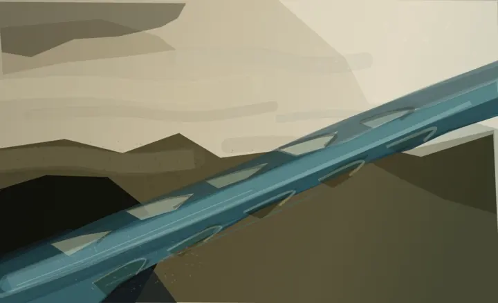 Where the Dredge Turned Back: cumulative painting state 2 of 4; Convincing oblique thrust and localized collision, ultimately closer to motion graphics because rails, slabs, and speckle remain cleanly additive.