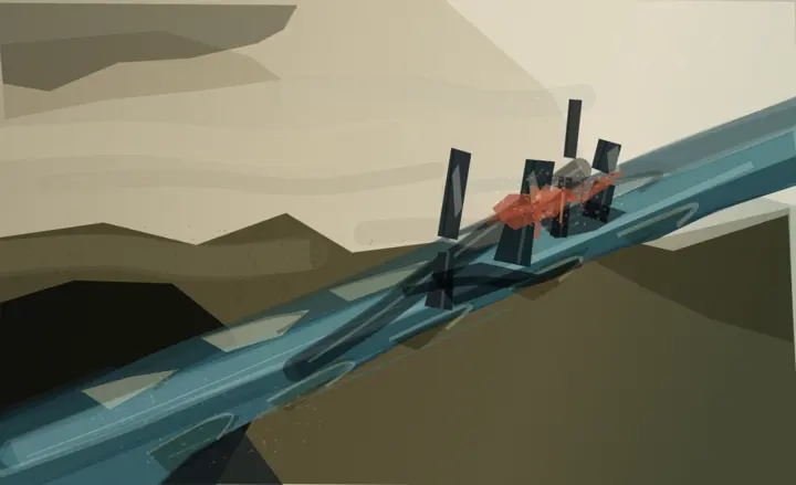 Where the Dredge Turned Back: cumulative painting state 3 of 4; Convincing oblique thrust and localized collision, ultimately closer to motion graphics because rails, slabs, and speckle remain cleanly additive.
