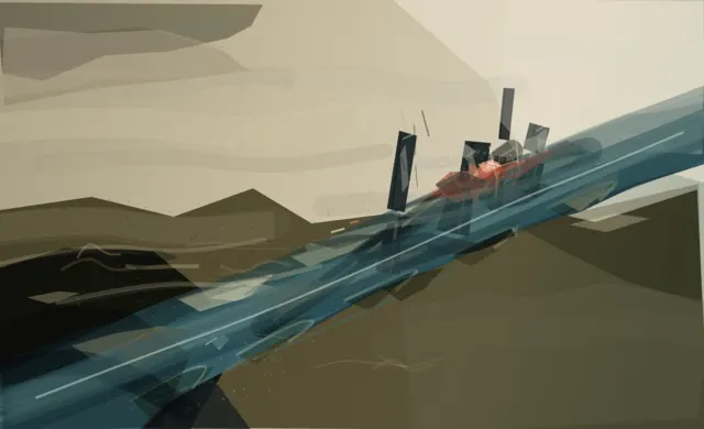 Convincing oblique thrust and localized collision, ultimately closer to motion graphics because rails, slabs, and speckle remain cleanly additive.
