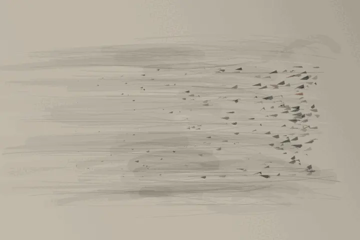Ash Keeps the Wind: cumulative painting state 3 of 4; Ash Keeps the Wind interprets wake through directional ash drift as an independently authored causal raster.