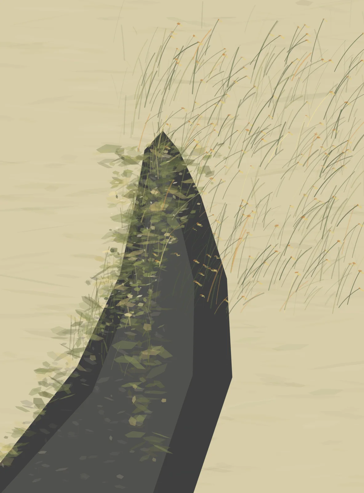 Right of Way, Repealed makes the prompt “A road dissolves into meadow.” visible through a distinct causal wake, retained material consequence, and asymmetric field hierarchy.