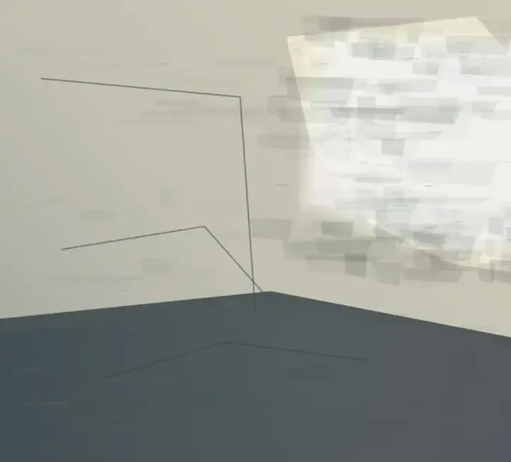 Plaster Returning: cumulative painting state 4 of 4; Plaster Returning makes the prompt “The room recovers from light.” visible through a distinct causal wake, retained material consequence, and asymmetric field hierarchy.