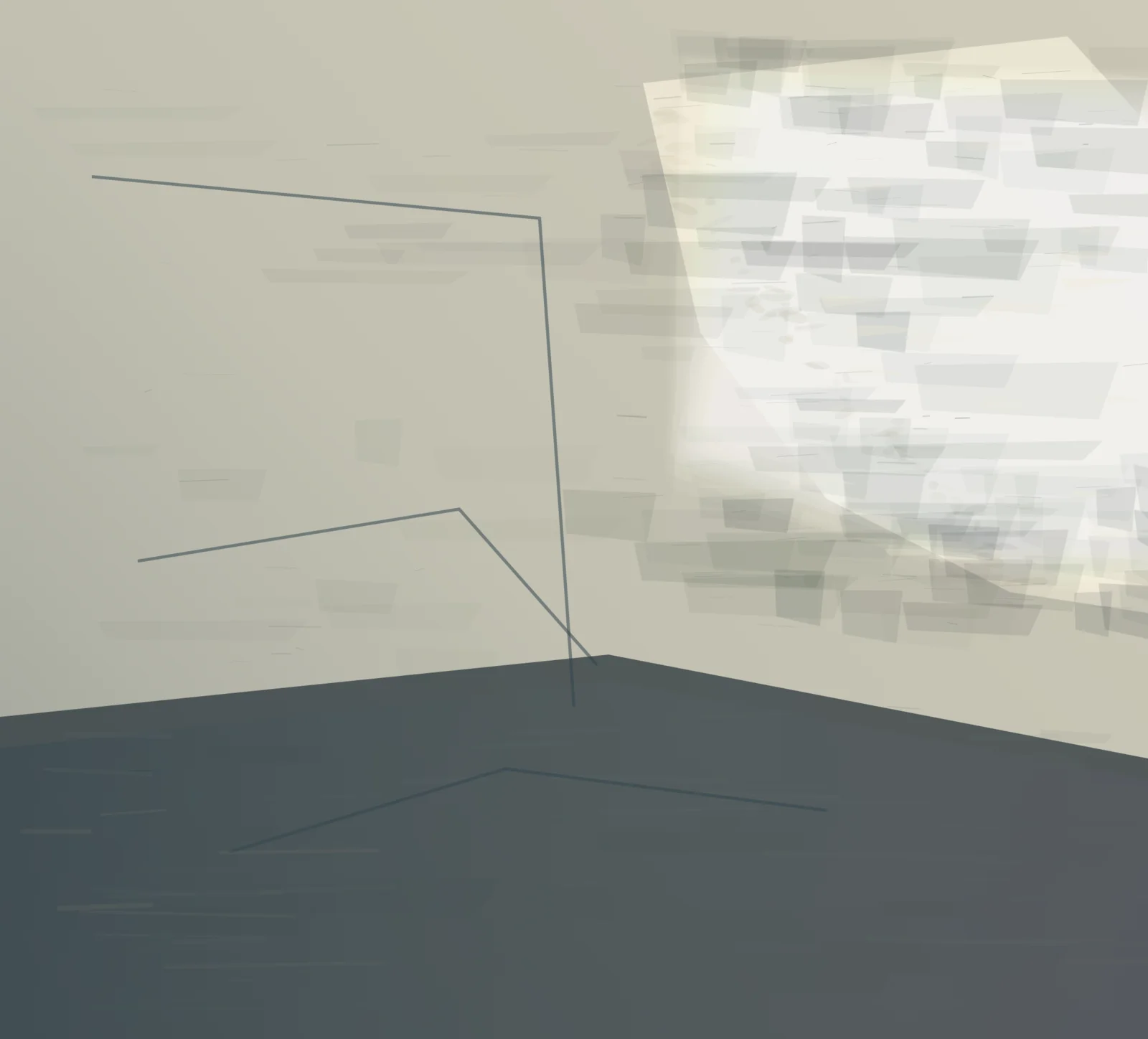 Plaster Returning makes the prompt “The room recovers from light.” visible through a distinct causal wake, retained material consequence, and asymmetric field hierarchy.