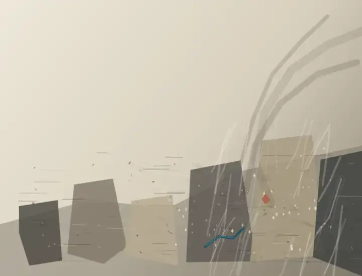After the Mouths Closed: cumulative painting state 4 of 4; After the Mouths Closed answers the prompt through depopulated civic compression, preserving aftermath as a physical event.