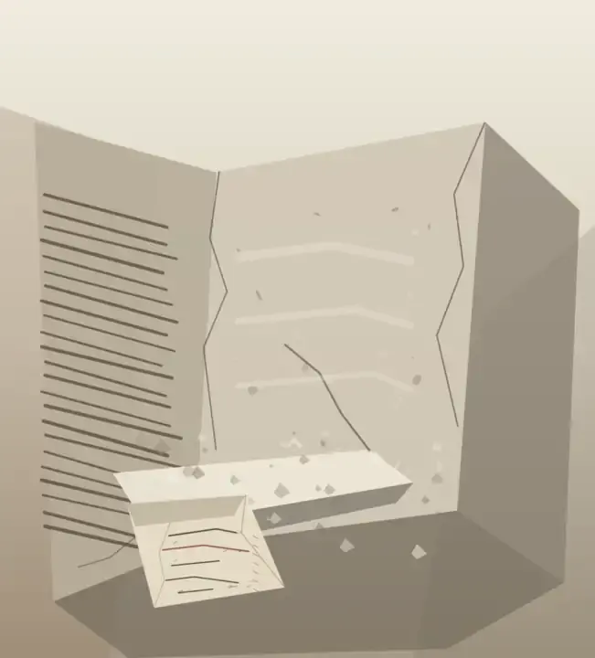 Five Measures Under Lime: cumulative painting state 4 of 4; Five Measures Under Lime answers the prompt through ruptured room psalm, preserving aftermath as a physical event.