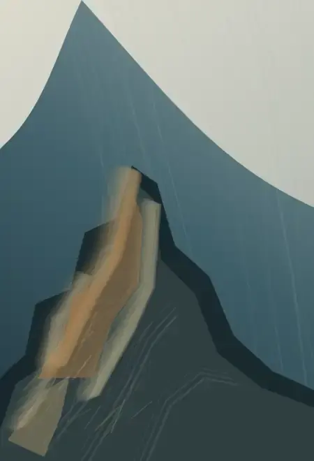 Released Face: cumulative painting state 4 of 5; Released Face interprets the aftermath through geological pressure release, with visible residue, differentiated scale, and asymmetric material authority.