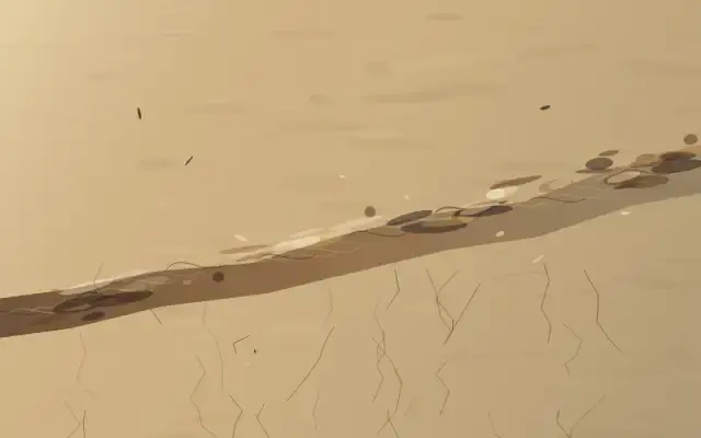 Capillary Ledger: cumulative painting state 4 of 5; Capillary Ledger interprets the aftermath through stratified capillary residue, with visible residue, differentiated scale, and asymmetric material authority.