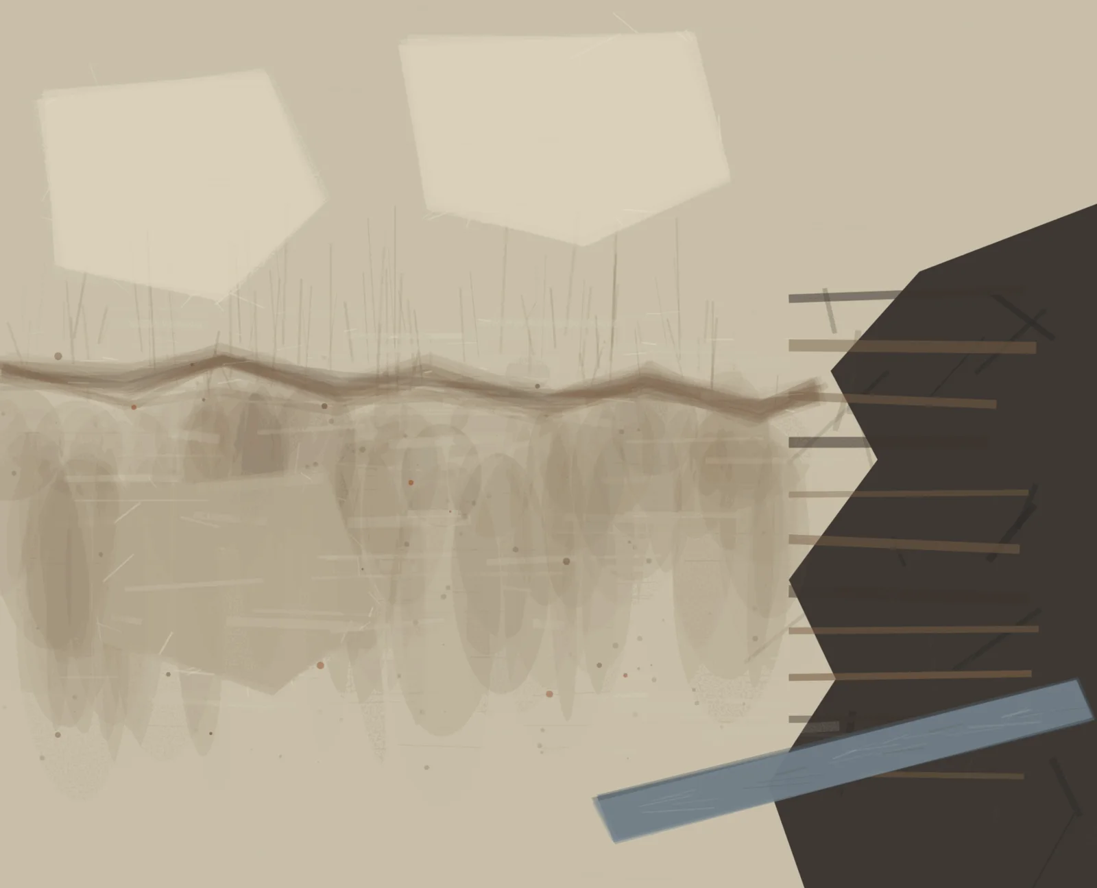 High-Water Record, Broken Wall interprets the aftermath through mnemonic wall erosion, with visible residue, differentiated scale, and asymmetric material authority.