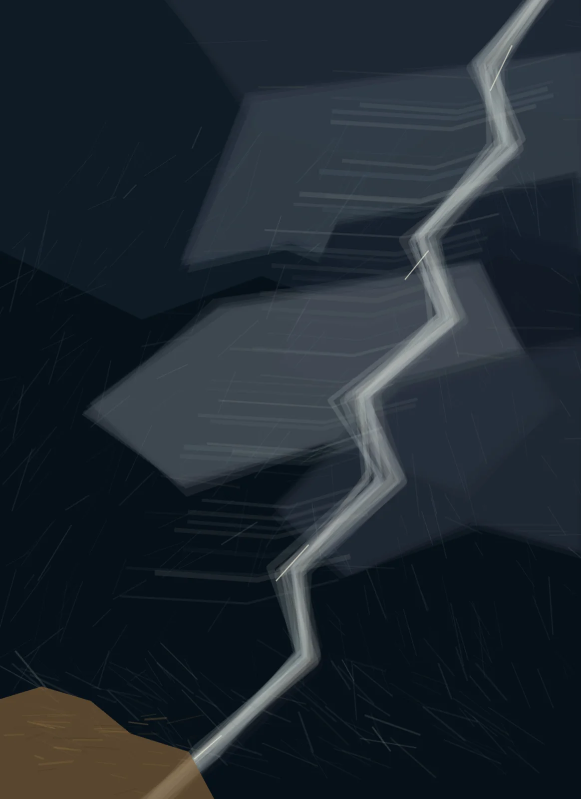 A torn pale pressure seam descends through blue-black storm plates, bending rain toward a small ochre earth shelf.