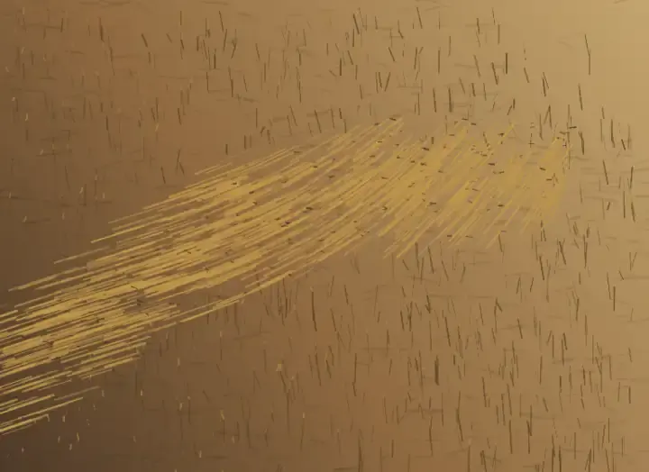 The Stalks Remember: cumulative painting state 3 of 5; A hooked swath of flattened pale stalks crosses an ochre field among upright stubble, dark soil wounds, chaff, and sparse survivors.