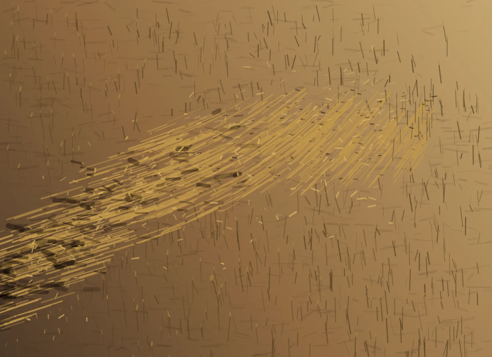 A hooked swath of flattened pale stalks crosses an ochre field among upright stubble, dark soil wounds, chaff, and sparse survivors.
