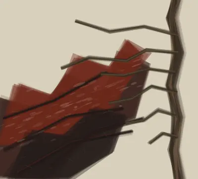 Cedar at the Burn Edge: cumulative painting state 3 of 4; An edge-cropped cedar at right counters a diagonal black-red burn field with char, ash, resin cuts, and sparse living needle fans.