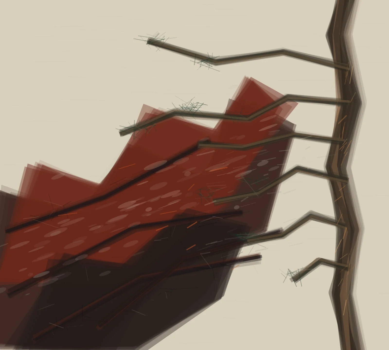 An edge-cropped cedar at right counters a diagonal black-red burn field with char, ash, resin cuts, and sparse living needle fans.