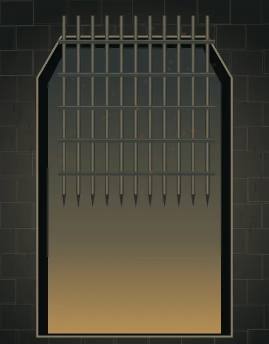Clearance at First Light: cumulative painting state 2 of 4; A raised iron gate hangs above a gold clearing while rubble, chains, spent marks, and dust occupy the dark fortified edges.