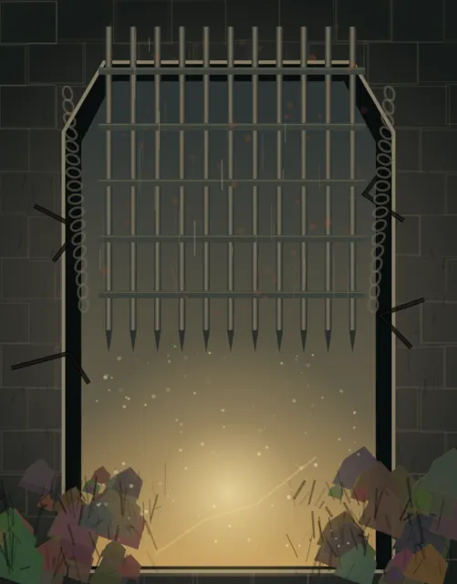 A raised iron gate hangs above a gold clearing while rubble, chains, spent marks, and dust occupy the dark fortified edges.