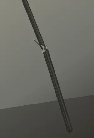 The Staff Takes Weight: cumulative painting state 2 of 4; A broken dark shaft runs diagonally through a tall quiet field, repaired with unequal pale lashings and weighted by a cropped hand into earth.