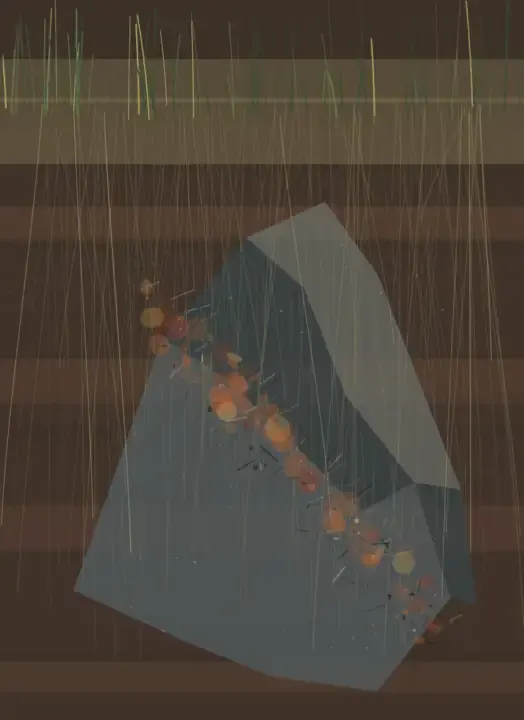 Roots Through the Plate: cumulative painting state 4 of 4; Faceted buried armor receives a diagonal orange corrosion corridor under sediment bands, roots, and sparse surface grass.