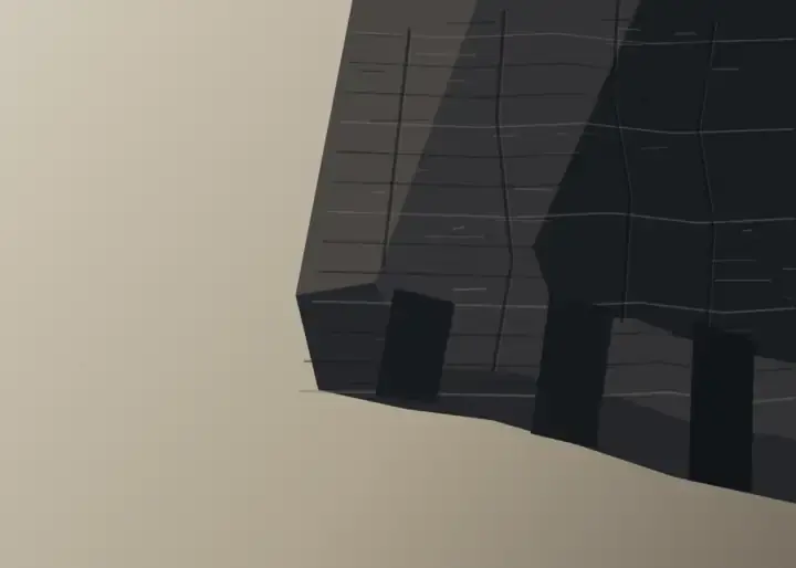 One Leaf Open: cumulative painting state 2 of 4; A massive cropped black stronghold opens exactly one modest timber door onto pale ground, casting a long cool shadow and scrape trace.