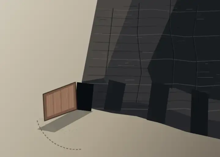 One Leaf Open: cumulative painting state 3 of 4; A massive cropped black stronghold opens exactly one modest timber door onto pale ground, casting a long cool shadow and scrape trace.