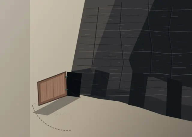 A massive cropped black stronghold opens exactly one modest timber door onto pale ground, casting a long cool shadow and scrape trace.
