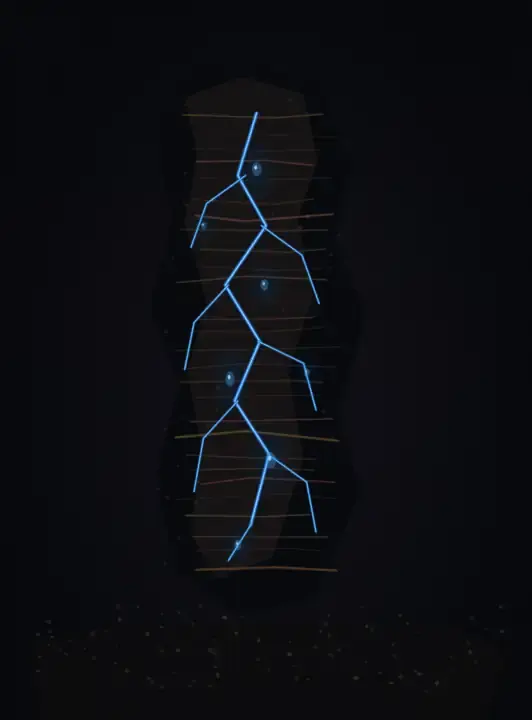 Blue Fire in the Remnant: cumulative painting state 3 of 4; A tall charred laminated remnant stands over ash while a branching blue internal spine pressurizes cavities and sends thin emissions outward.
