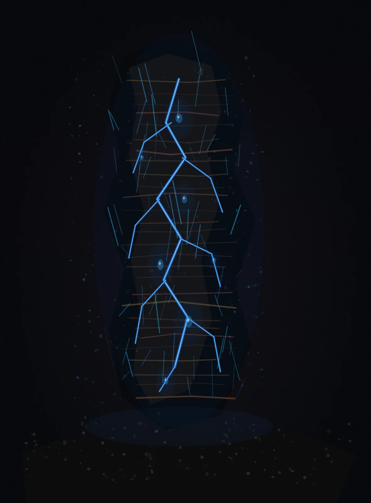 A tall charred laminated remnant stands over ash while a branching blue internal spine pressurizes cavities and sends thin emissions outward.