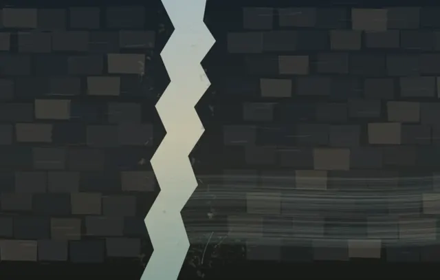 Weighted dark masonry is interrupted by an off-center pale breach from which low cool air bands and modest floor growth enter.